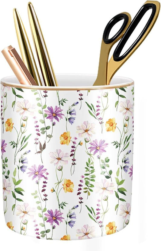 Large Capacity FLoral Pen Holder for Desk, Ceramic Pencil Holder Pen Cup Marker Holder Makeup Brush Holder, Desk Accessories & Workspace Organizers for Home, Office, Colored