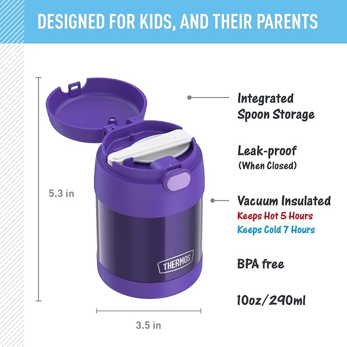 THERMOS FUNTAINER Insulated Food Jar,10 Ounce,Kid Friendly Food Jar with Foldable Spoon,Purple,(Pack of 6)