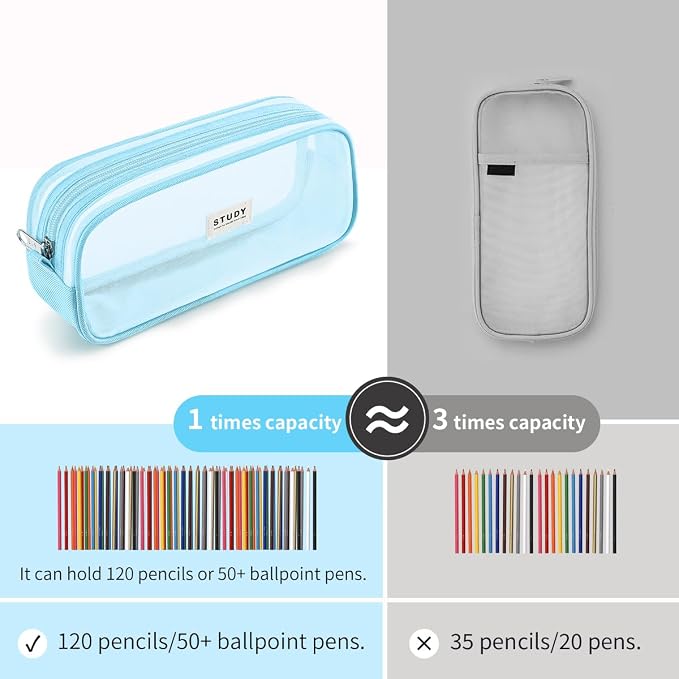 Grid Mesh Pencil Case Pouch Large Capacity Pencil Bag with Zipper | Big Pencil Pouch Blue Simple Stationery Bag Aesthetic Pen Bag for School Teen Girl Boy Multi-Purpose Bag for Office Men Women