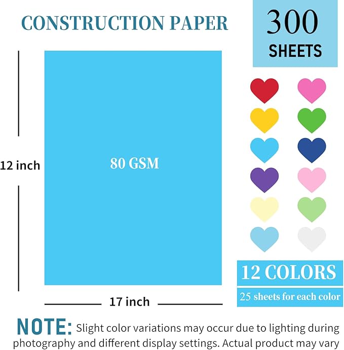 300 Sheets Construction Paper Assorted Colors for Art Craft Drawing 12"x 17.3", 80gsm Colored Craft Paper Medium Weight for Arts Party Decoration
