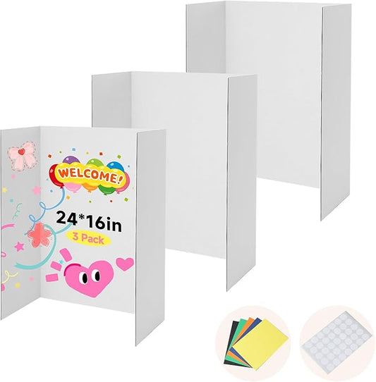 EARTHSON 3 Pack Trifold Presentation Board, 24" x 16" Portable Poster Board, White Corrugated Display Board for School, Business Projects, Event Displays, Science Fairs