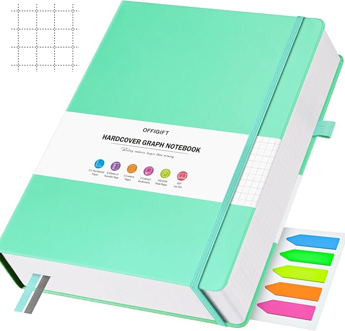 Graph Paper Notebook, 312 Numbered Pages Large A5 Hardcover Leather Journal, 100gsm No Bleed Grid Paper Notebook with Index Pages, Grid Notebook for Graphing Notes Math, 5.75" x 8.38", Teal