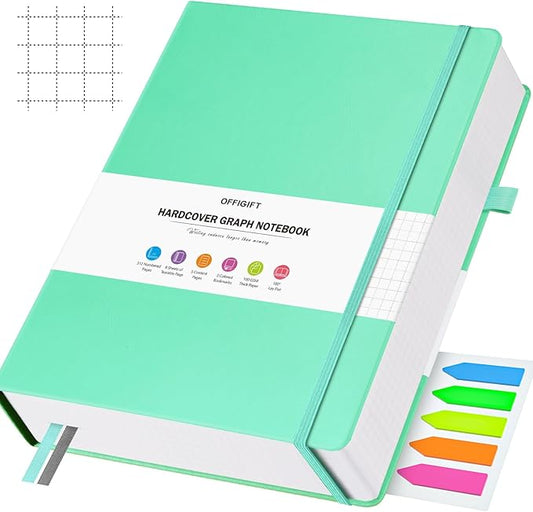 Graph Paper Notebook, 312 Numbered Pages Large A5 Hardcover Leather Journal, 100gsm No Bleed Grid Paper Notebook with Index Pages, Grid Notebook for Graphing Notes Math, 5.75" x 8.38", Teal