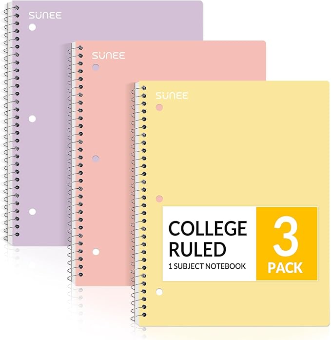 SUNEE Spiral Notebooks, 3 Pack, 1-Subject, College Ruled Paper, 8" x 10-1/2", 70 Sheets per Notebook, Pastel Colors Spiral Notebooks for School