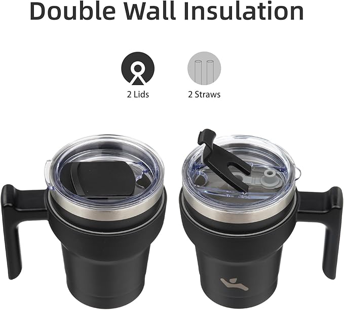 Konokyo 10 oz Tumbler with Handle and 2 Straw 2 Lid, Insulated Water Bottle Stainless Steel Vacuum Cup Reusable Travel Mug,Black