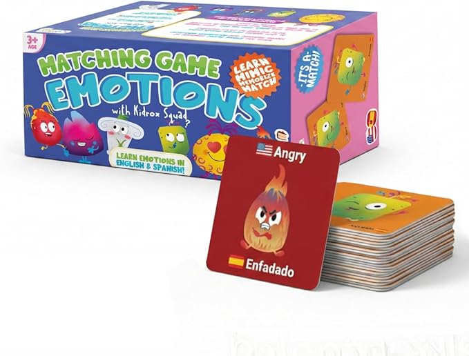 Kidrox Emotions Matching Game – Bilingual Memory Card Game in English & Spanish for Kids Ages 3+ | Learn & Mimic Emotions with Kidrox Squad | Premium Magnetic Box | 40 Tiles