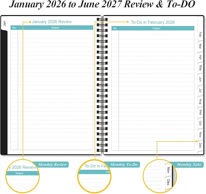 2026-2027 Monthly Planner - January 2026 - June 2027, Two Pages Per Month, 18 Monthly Calendar/Planner with Tabs, Inner Pocket, 6.4" x 8.5", Black