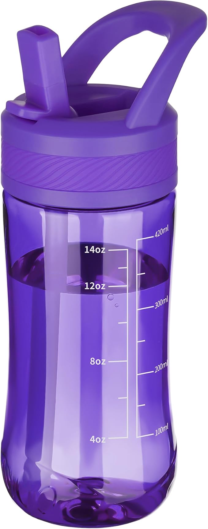 14oz Clear Kids Water Bottle with Straw Lid, BPA-Free Tritan, Measurement Scale, Sturdy Handle Wide Mouth Leak-proof Reusable Plastic Bottle for Boy& Girls, Back to School(Dark Purple)