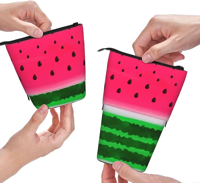 Watermelon Standing Pencil Case Cute Telescopic Stationary Pouch with Zipper Large Capacity Stand up Pen Bag Portable Makeup Holder for School Office Supplies