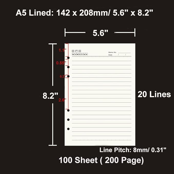 A5 Refill Paper 6 Hole Punched Filler Paper Refills for A5 Loose Leaf Notebook Travel Journal Personal Diary Planner Binder, 80 Sheet, 160 Page, Lined Paper