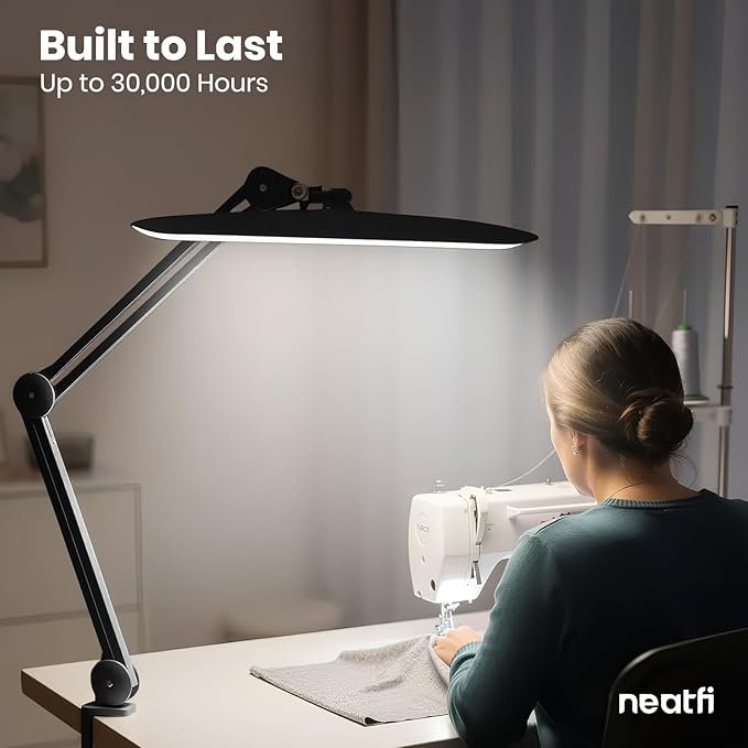 Neatfi XL 2200 Lumens 24W LED Desk Lamp – Shadow-Free Task Lighting | 4-Level Dimming | Home Office & Crafts Use | 20-Inch Wide Head (Black, Non-CCT with Clamp)