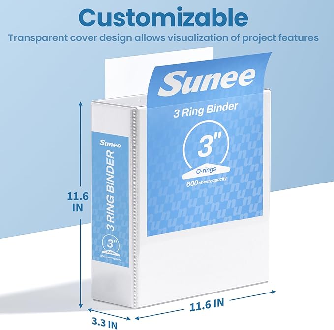 SUNEE 3 Inch Binders 3 Ring 12 Pack, Large 3" Clear View Binders Bulk Three Ring PVC-Free (Fit 8.5x11 Inches) for School or Office Supplies, White