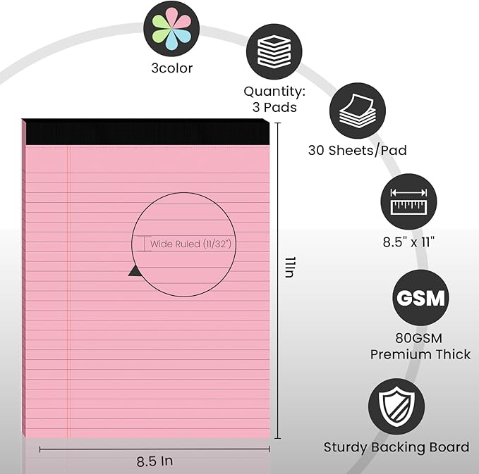 3pcs Legal Pads 8.5 x 11,Notepads 8.5 x 11 Inch, 30 Sheets/Pack, Color Note Pads Clear Print Writing Pads of Paper, Perforate Wide Ruled Lined with Sturdy Back for Office, Business & School Supplies