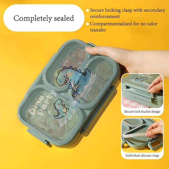 18/8 Stainless Steel Lunch Box & Bento Box for Kids & Adults - 25oz- with Leakproof Condiment Container - 3 Compartmentcute with Dinosaur Cartoon Pattern for School, Office & Outdoor -Dishwasher Safe