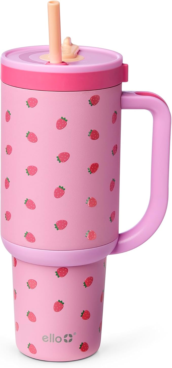 Ello Oasis 40oz Tumbler with Handle & Retracting Straw | Reusable Insulated Stainless Steel Cup 100% Leakproof | Gifts for Teens Women | Keeps Cold for 24 Hours | Cup Holder Friendly | Strawberries