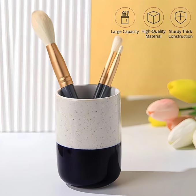 Cute Ceramic Pen Holder for Desk Office Supplies Cubicle Decor Kawaii Workspace Accessories Boho Makeup Organizer for Women Girls Pencil Cup Aesthetic Caddy for Home Office (White)