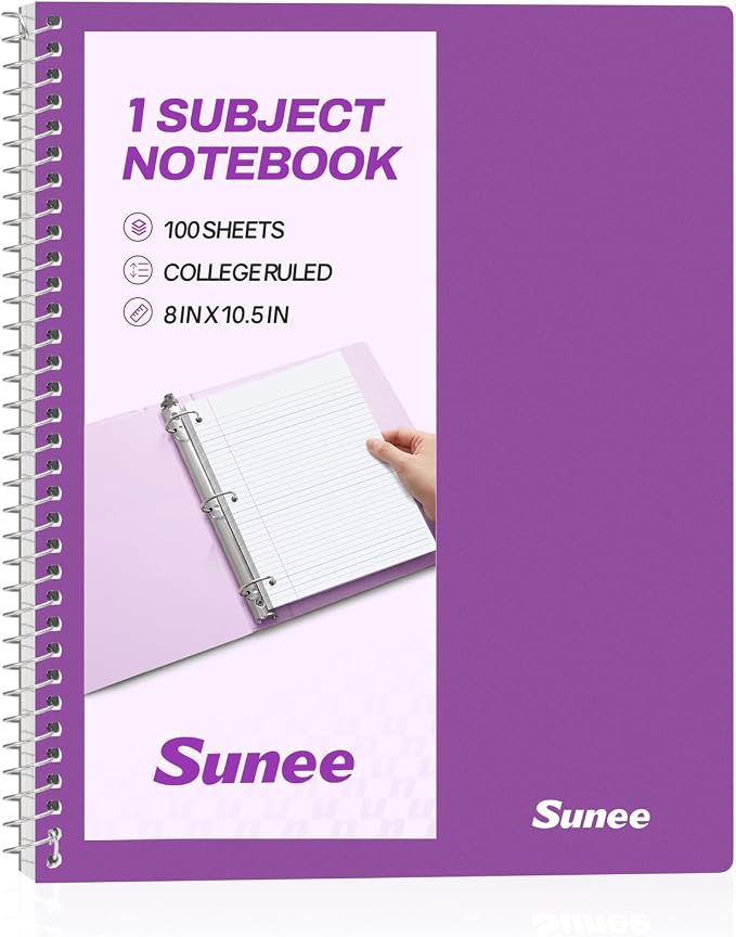 SUNEE Spiral Notebook, 1-Subject, College Ruled Paper, 8" x 10-1/2", 100 Sheets per Notebook, 3-Hole Punched Paper, Water Resistant Cover, Double-sided Pockets, Dark Purple