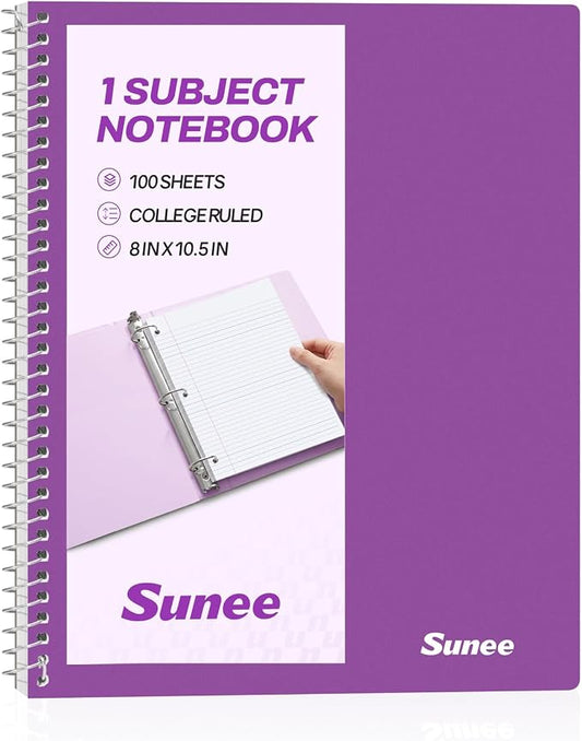 SUNEE Spiral Notebook, 1-Subject, College Ruled Paper, 8" x 10-1/2", 100 Sheets per Notebook, 3-Hole Punched Paper, Water Resistant Cover, Double-sided Pockets, Dark Purple