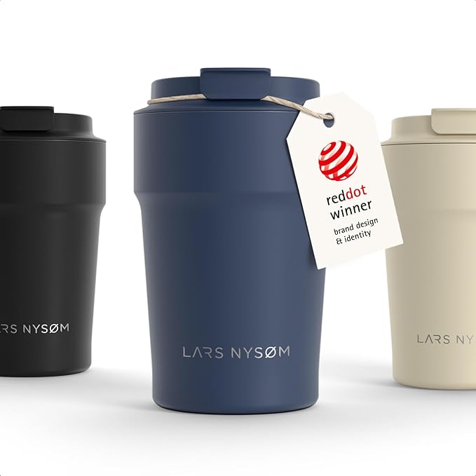 LARS NYSØM Thermo Coffee Mug to go 13oz | Travel Mug 0.38 Liter with Insulation | Silicone grip base | Leak Proof Stainless Steel Tumbler for Coffee and Tea on the Go (Powder Midnight Blue, 13oz)