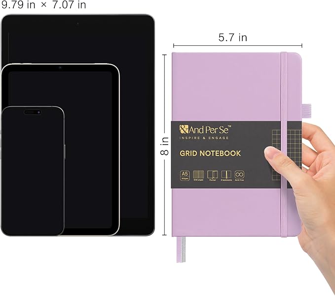 &And Per Se Graph Notebook, 5mm Grid, A5 Hardcover, 160 Pages 100gsm Thick Paper, Grid Journal for Diagrams, Wireframes, CAD Sketches (Lavender)