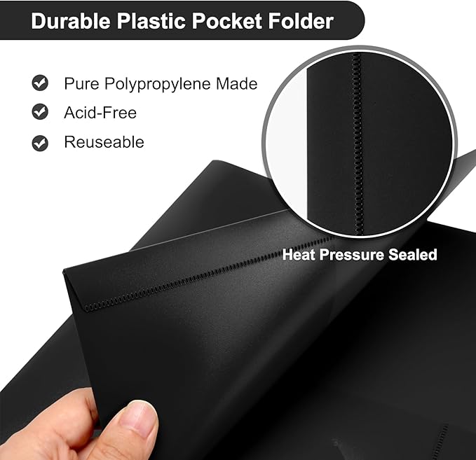 ViVin 12-Pack Black Plastic Folders with Pockets, Fits 8.5 x 11 Inch Letter Size Papers, Sturdy 2 Pocket Folders, Plastic Pocket Folders for Home School and Office