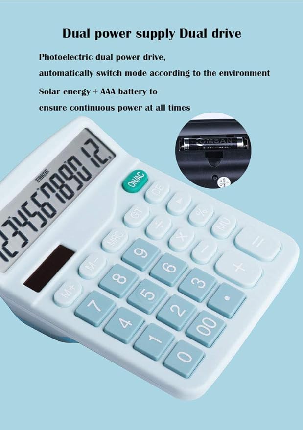 YOUHO Calculator, 12-bit Solar Battery Dual Power Standard Function Electronic Calculator with Large LCD Display Office Calculator Black(5 Battery) (KK-837B, 5PACK，Blue)