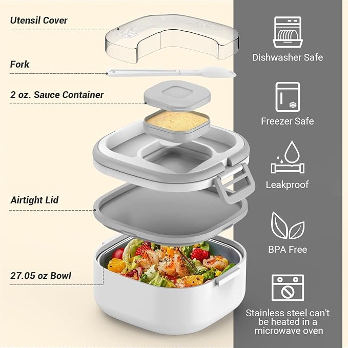 PEDECO All-in-one Stainless Steel Bento Box with Insulated bag,Leak-Proof,1-Tier Bento box,Lunch Box With Portable Sauce Pod and Cutlery-for Kids/Toddler,Dishwasher Safe,White