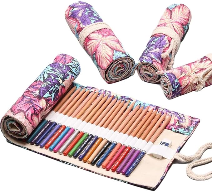 DIYOMR 12/24/36/72 Slots Pencil Wrap Pencil Rolls, Artist Colored Pencils Roll Up Bag Short Brushes Pouch Case Pencils Organizer for Drawing Coloring and Sketching, No Pencils (Maple Leaves, 12slots)