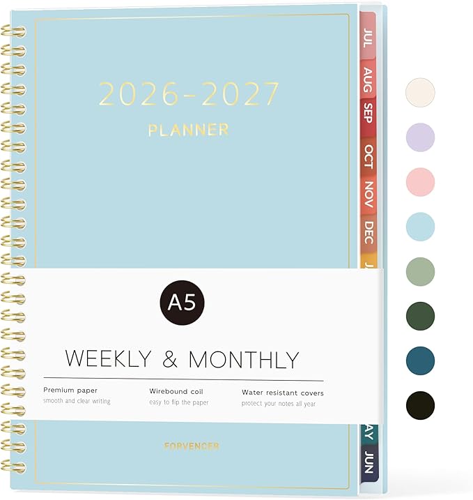 Forvencer Academic Planner 2026-2027, Weekly Monthly Calendar Planner, July 2026-June 2027, 6" X 8" Daily Agenda Book, Flexible Cover Notebook, College School Teacher Student Organizer A5, Light Blue