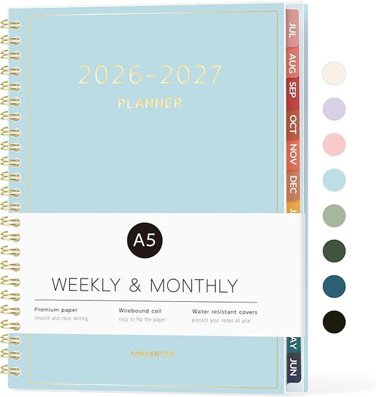 Forvencer Academic Planner 2026-2027, Weekly Monthly Calendar Planner, July 2026-June 2027, 6" X 8" Daily Agenda Book, Flexible Cover Notebook, College School Teacher Student Organizer A5, Light Blue
