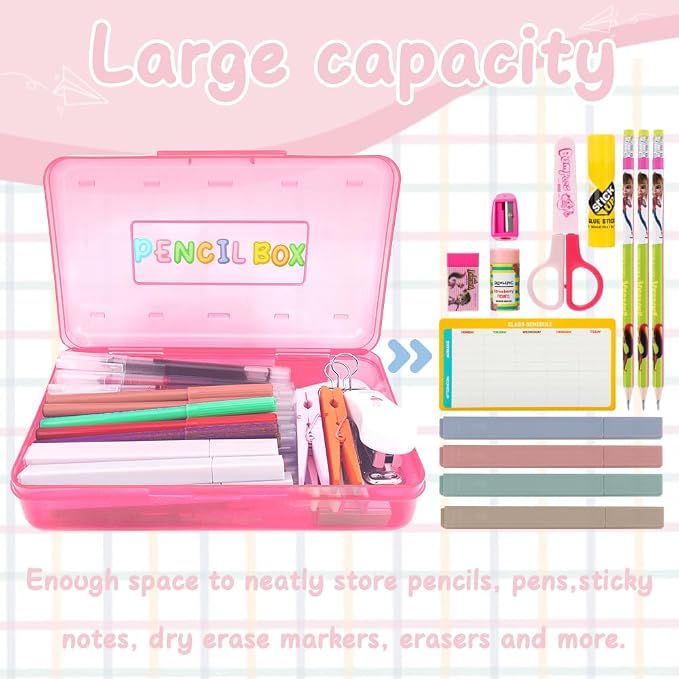 Blue Large Plastic Pencil Box 3 Pack with Aesthetic Design and Hard Case, Comes with Stickers in Pink and Clear Colors