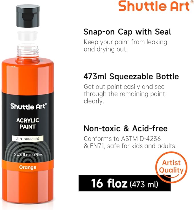 Shuttle Art Acrylic Paint, 12 Colors Acrylic Paint Large Bottle Set, 473ml/16oz Each, Rich Pigments, High Viscosity, Bulk for Artists, Beginners and Kids on Rocks Crafts Canvas Wood