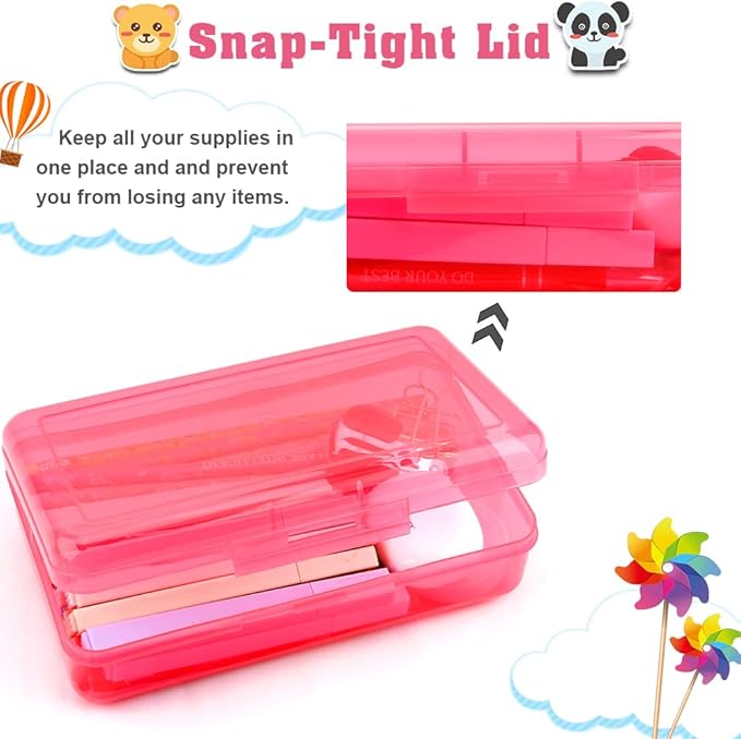 Pencil Box, Plastic Clear Pencil Case, 1 Pack Large Capacity Hard Pencil Case, Clear Crayon Box with Snap-tight Lid Stackable Design, Plastic Storage Box for Office Supplies, Pink Style 2
