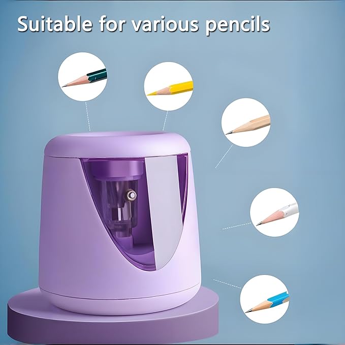Electric Pencil Sharpener for Colored Pencils & No.2 - Auto Stop, Fast 3-5 Sec Sharpening | Dual Power USB/Battery Operated for Home, Office, Classroom | 6-9mm Sharpener with Shavings Box (Purple)