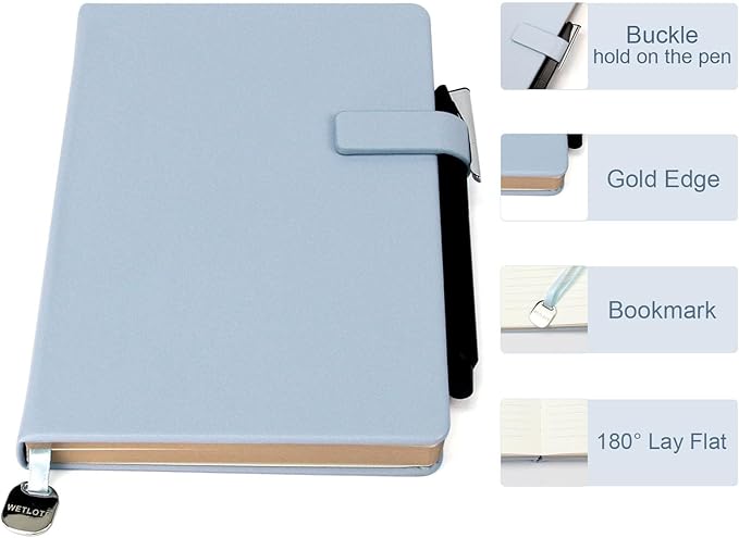 A5 Hard Cover Notebook with Pen Holder, Gold Edges & 180° Lay Flat - Large 5.7x8.4 Lined, Bookmark, Gift Box - Durable Journal for Office, Study, Travel - Writers, Students (Light Blue)