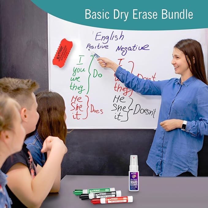 EXTRIC Dry Erase Markers Chisel Tip Set, 4 Whiteboard Markers, Whiteboard Cleaner and Eraser, Low Odor Dry Erase Marker with Eraser Bundle for Home, Teachers Supplies, and School Supplies