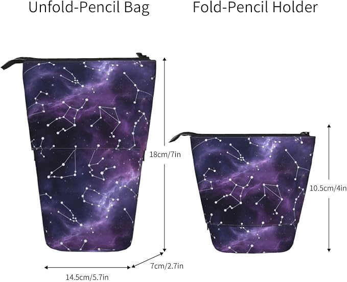 Purple Constellation Standing Pencil Case Cute Telescopic Stationary Pouch with Zipper Large Capacity Stand up Pen Bag Portable Makeup Holder for School Office Supplies