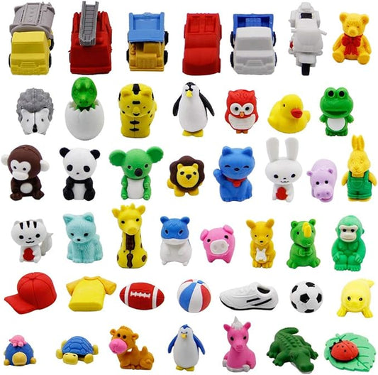 Cllayees 72 Pcs Assorted Animal Pencil Erasers Desk Pets, Bulk Mini Pencil Erasers Gifts for Classroom Prizes Reward Goodie Bag Easter Egg Fillers Party Favors (Animal and Car)