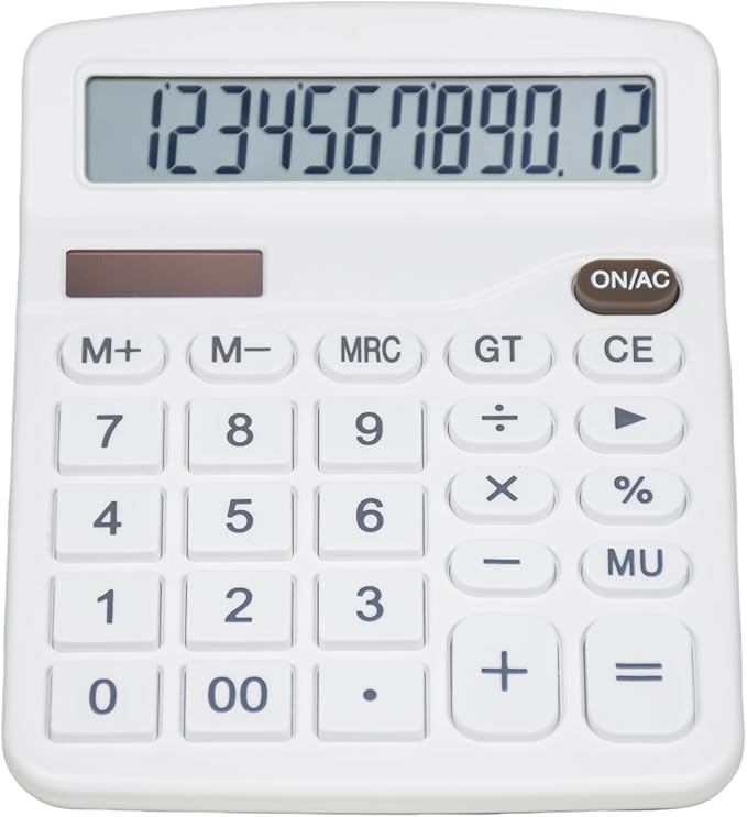 SAYEEC Desk Calculator, 12 Digit Desktop Calculator with Large LCD Display & Sensitive Button, Dual Solar Power & Battery, Standard Office Calculators Basic Function Calculators for Home School, White