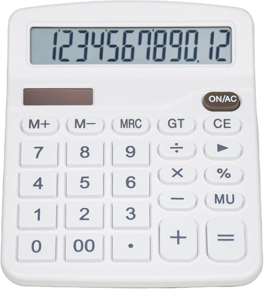 SAYEEC Desk Calculator, 12 Digit Desktop Calculator with Large LCD Display & Sensitive Button, Dual Solar Power & Battery, Standard Office Calculators Basic Function Calculators for Home School, White