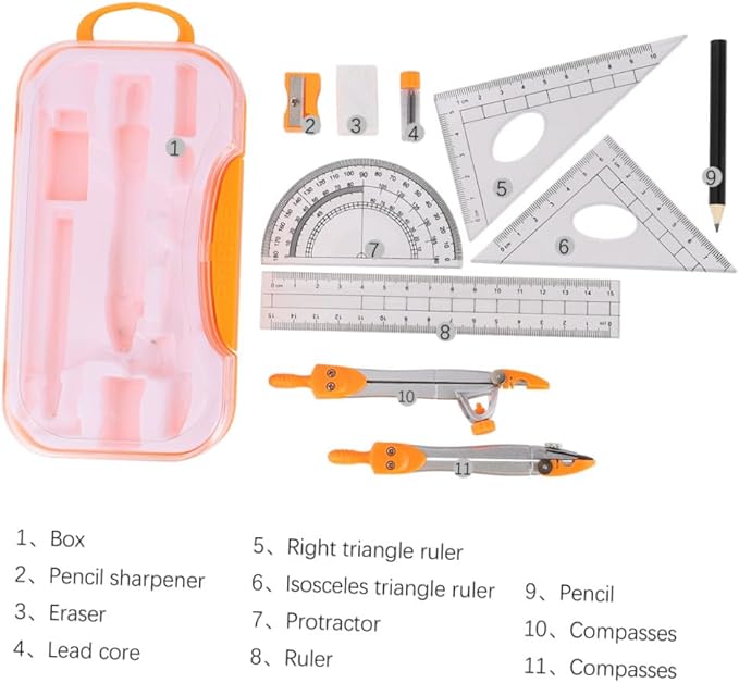 PRETYZOOM Student Geometry Drawing Kit Metal Compasses Set 10pcs Geometry Ruler Math Tool for School Exams and Drafting Supplies Random Color
