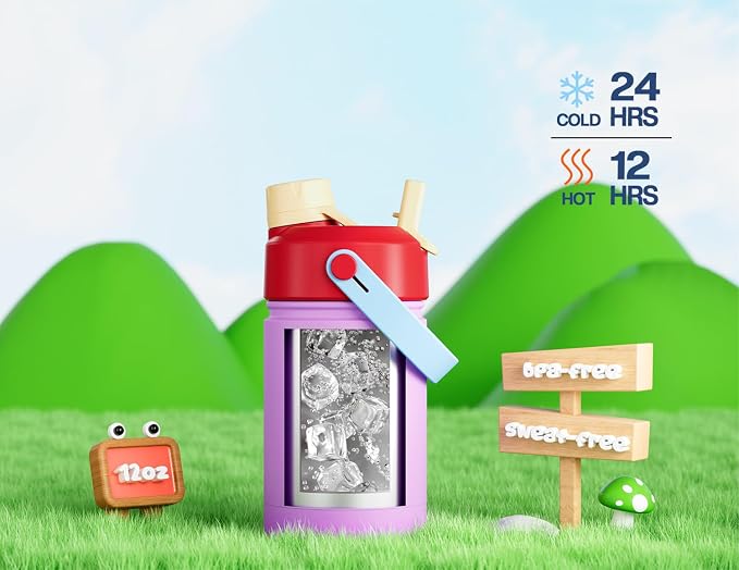 12 oz Kids Water Bottle for School: 2-in-1 Straw Spout Lid, Leakproof, Keep 24H Cold, Car Cupholder Friendly, BPA-Free, Easy Carry, Insulated Stainless Steel Cup, Gift for Boys Girls (Berry Hug)