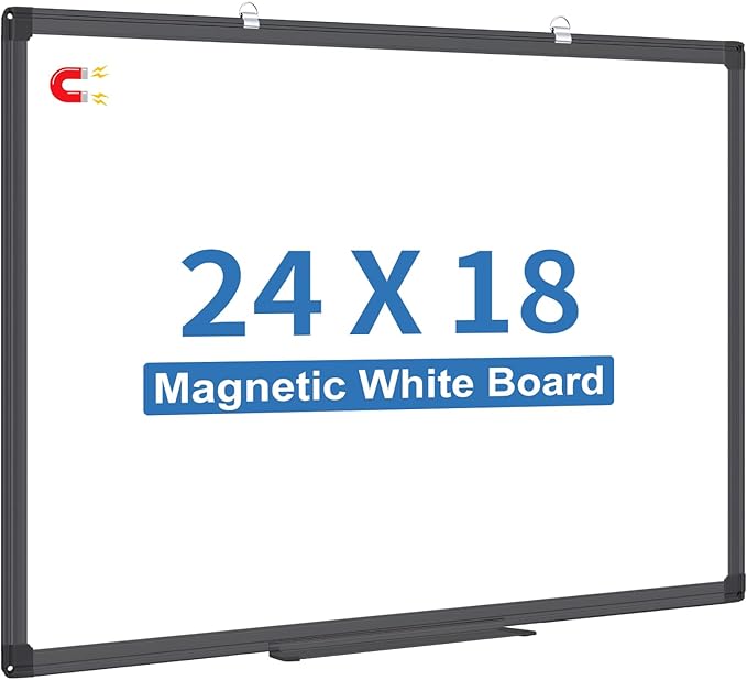 White Board Dry Erase, 24 x 18 inch Magnetic Dry Erase Board Whiteboard for Wall, Black Aluminum Frame Hanging Whiteboard Marker Board Writing Board for Home Classroom Office