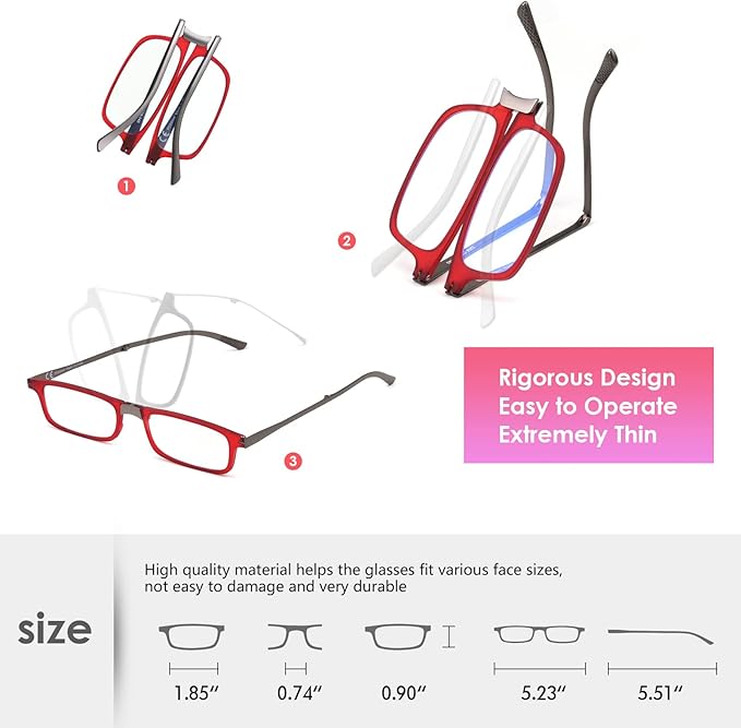 SKYOAK Evolved Folding Reading Glasses For Women Men Blue Light Blocking Anti UV Eyestrain Foldable Portable Compact Readers with Flat Hard Case Pocket Computer glasses 1.0 RED