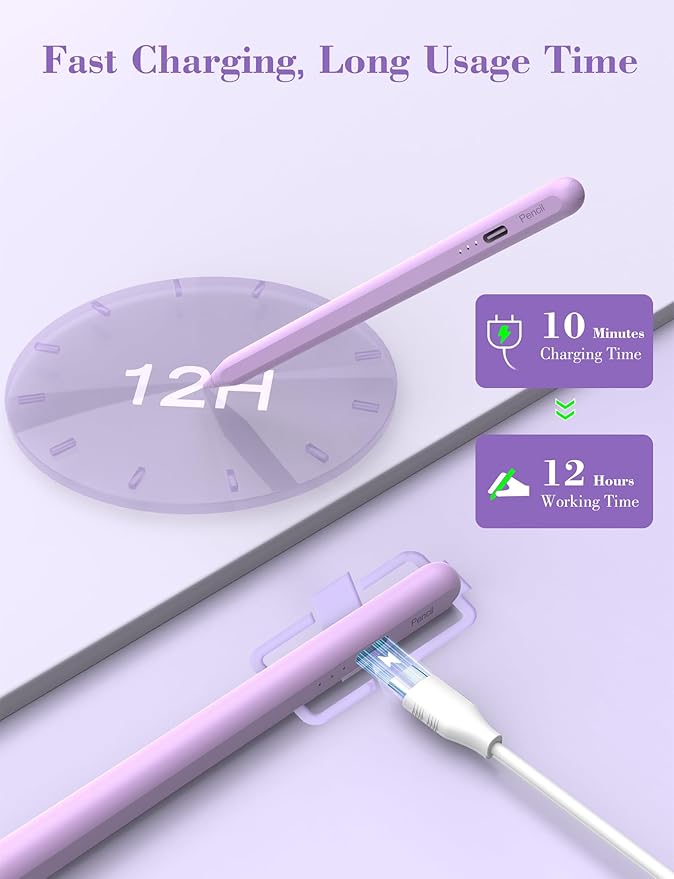 iPad Pencil 6th-11th Generation,10 Mins Fast Charge Stylus Pen,Palm Rejection&Tilt Sensitivity,Compatible with Apple Pencil 1st/2nd iPad Pro 11"/12.9"/M4, Air 3/4/5/M2/M3, Mini 5/6 Purple