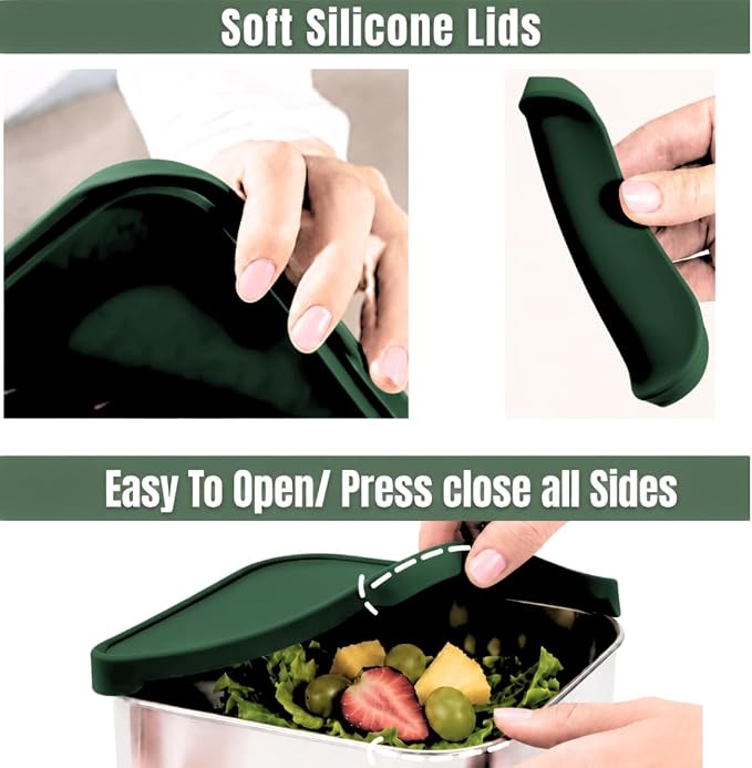Modaniam Flexibento - 47 OZ Leak proof Stainless Steel Lunch Box Containers with Silicone Lids, Steel Bento Box, Metal lunch Box, ForestGreen-47OZ-Set Of 2