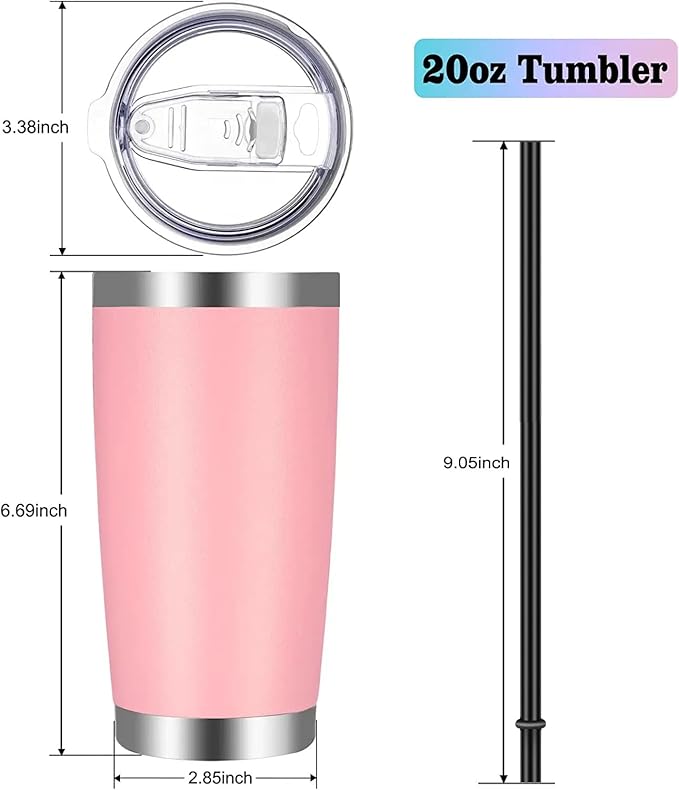 VEGOND 20oz Tumbler with Lid and Straw Stainless Steel Tumbler Cup Bulk Vacuum Insulated Double Wall Travel Coffee Mug Powder Coated Coffee Cup, Pink, 6 Pack