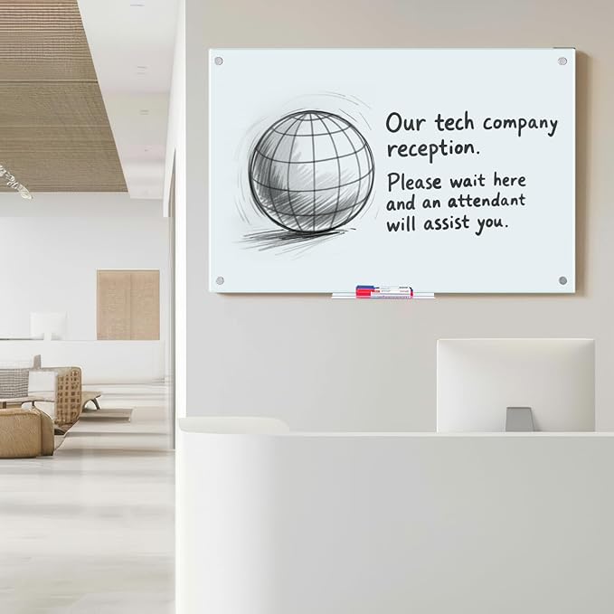 maxtek Magnetic Glass Dry Erase White Board, 48" x 36" Frameless Glass Board for Wall Mounted, Includes 5 Magnets, 3 Markers and 1 Eraser for Classroom Home, Office Supplies (White)