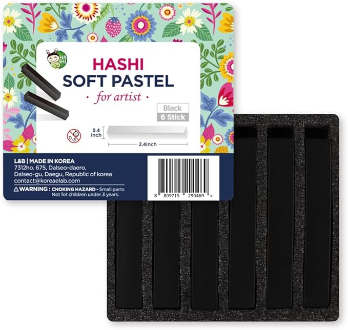 HA SHI Professional Soft Chalk Pastels for Adult Artists, Square Artist Grade Drawing Media, Black, 6 Sticks