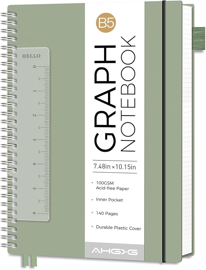 AHGXG Graph Paper Notebook - Spiral Notebook Journal 7.6" x 10", B5 Large Graph Notebook, 140 Pages, 100 gsm Thick Grid Paper, Waterproof Plastic Cover, for School Writing Engineering, Sage Green